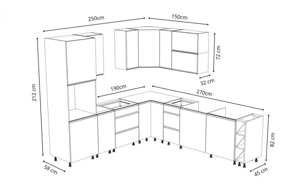Komplet nábytku kuchennych Aspen 250x270cm z cokolem - bílý lesk