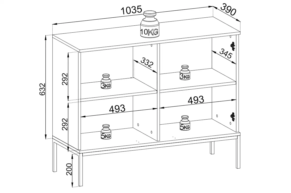 Komoda dwudrzwowa Bogalo s frézovanými frontem a osvětlením LED - Černý /  Dub wotan - Rozměry