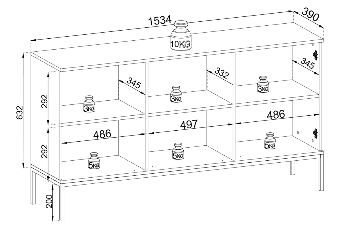 Komoda třídveřová Bogalo s frézovanými frontem a osvětlením LED - Černý / Dub wotan - Rozměry