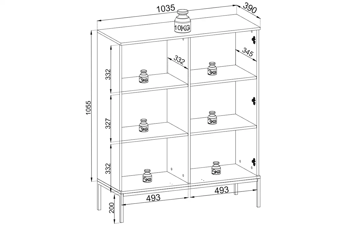 Vitrína nízká Bogalo s frézovanými frontem a osvětlením - Černý / Dub wotan - Rozměry