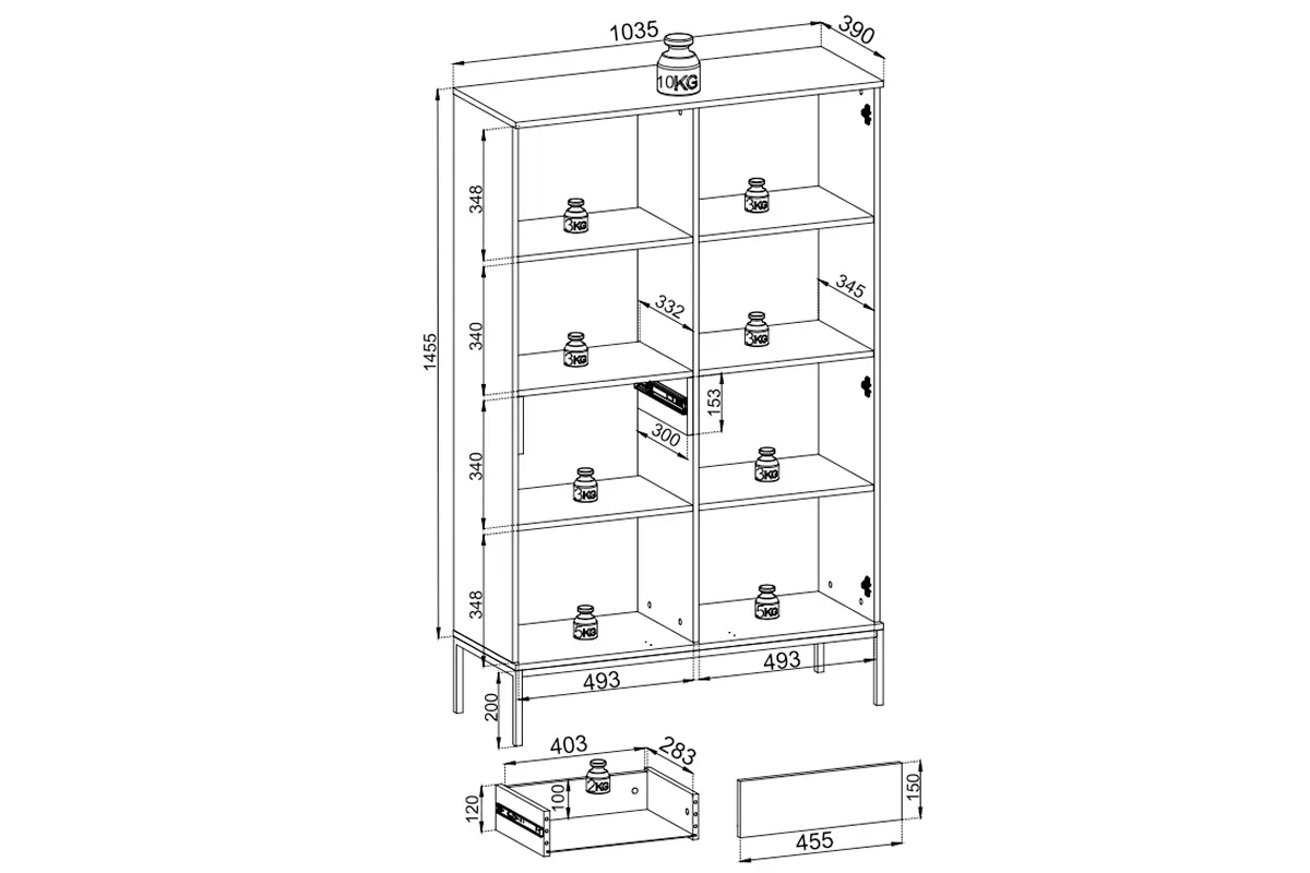 Vitrína vysoká Bogalo z ukryta szuflada a osvětlením LED - Černý / Dub wotan - Rozměry