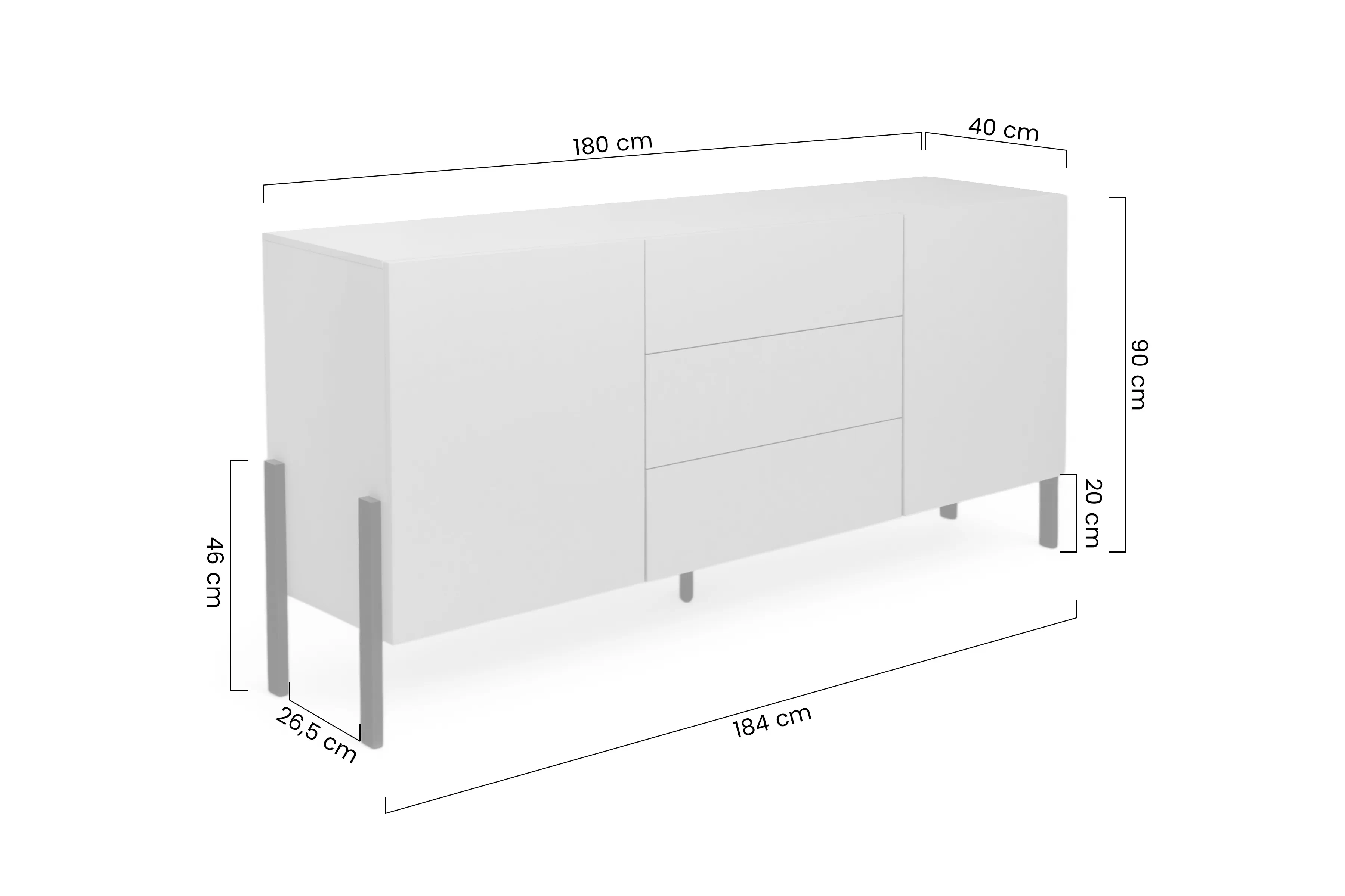 Komoda dvoudveřová Jukon 184 cm se zásuvkami - bílá supermat / černé nožičky