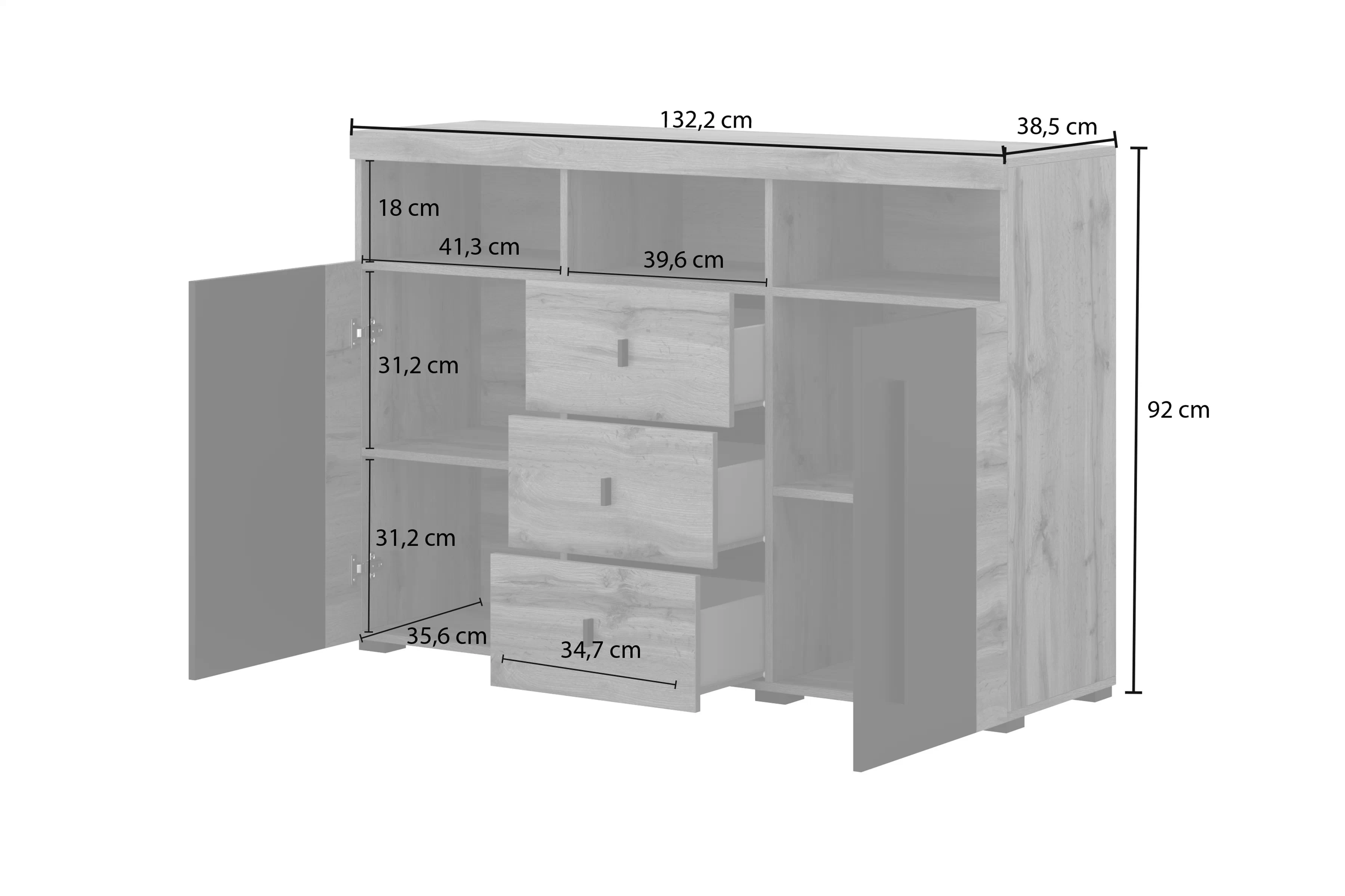 Komoda Roger 132 cm se zásuvkami - dub wotan / černá mat