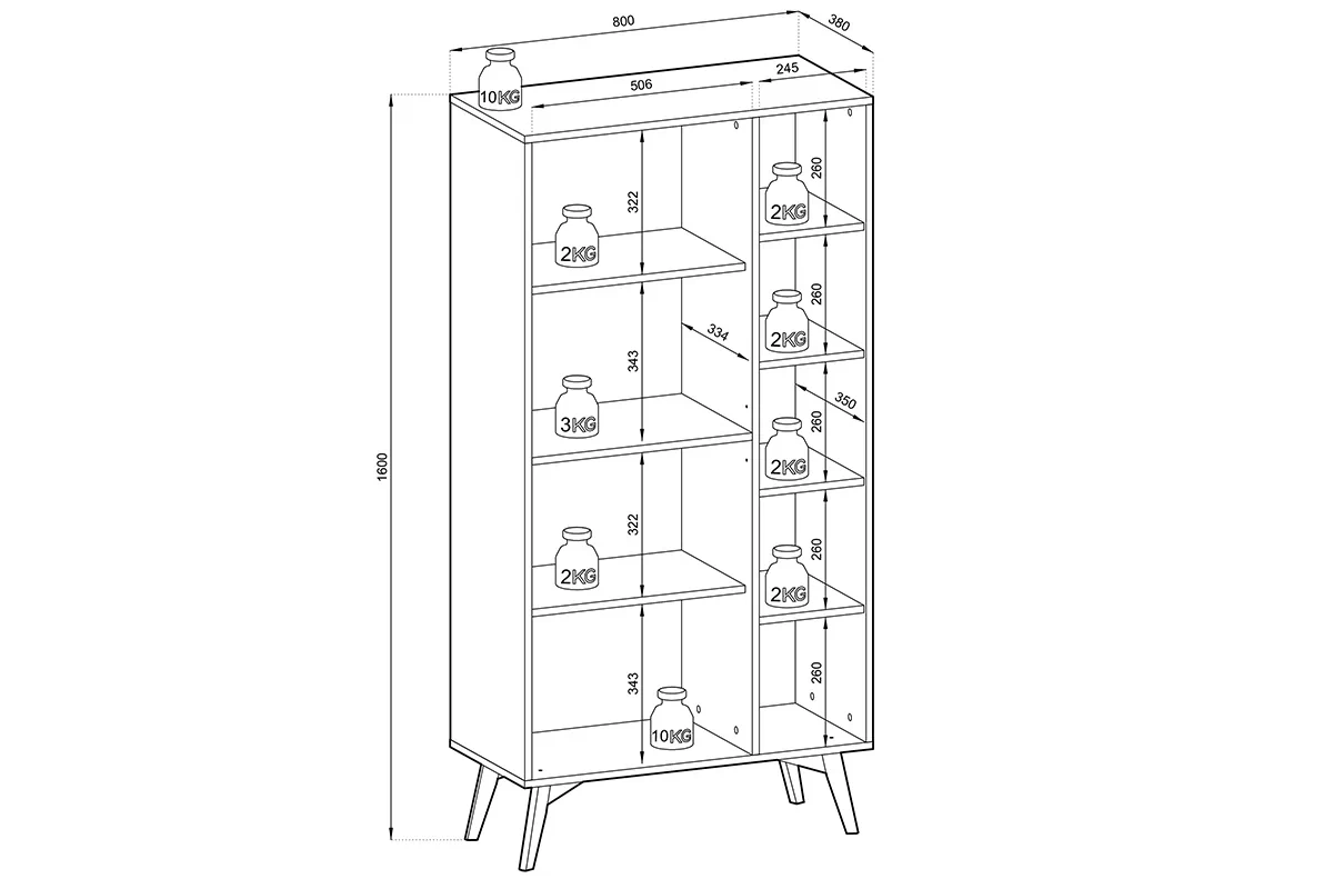 Regál dvoudveřový Lumira - eukaliptus / jodelka skandi - Rozměry