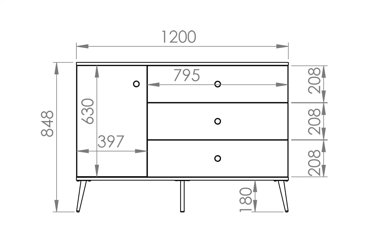 Komoda jednodveřová se třemi  zásuvkami Forest 04 - labrador / Podstavec - Rozměry