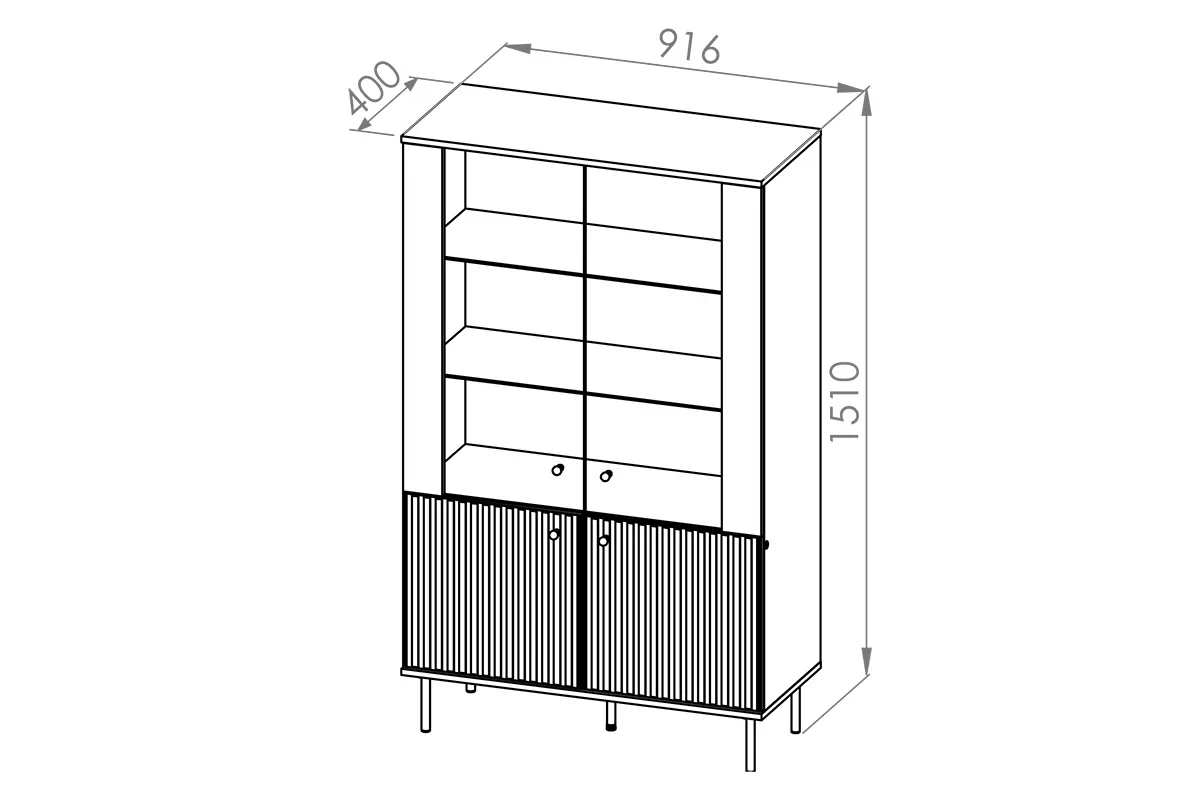 Vitrína čtyřdveřová Sophie 03 s frézovaným čelem - kašmír / černé nožky - Rozměry