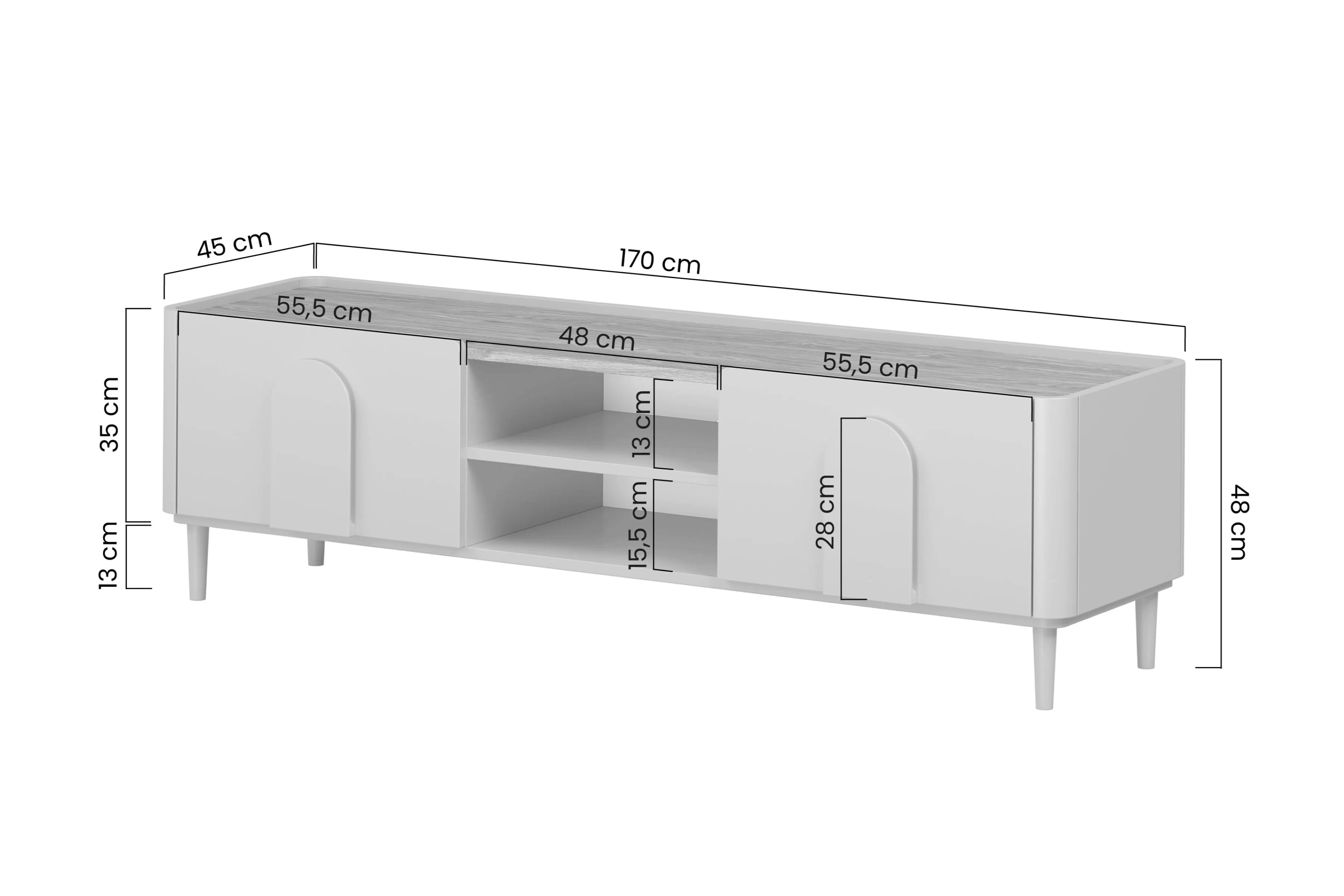 RTV skříňka Amilio 170 cm v eukalyptovém odstínu s dubovým baltic dune vrchním panelem a zásuvkou na nožkách