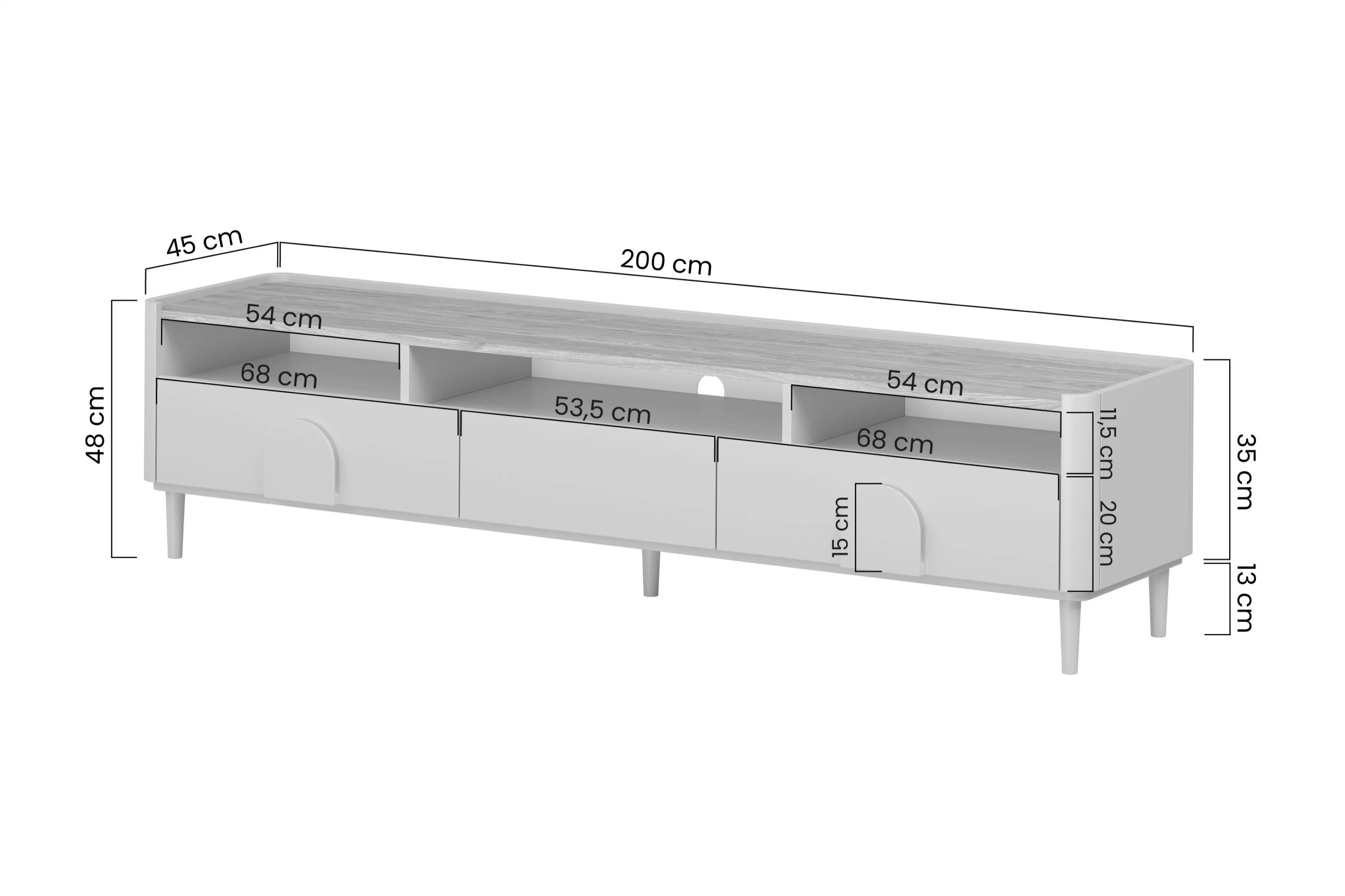 TV stolek Amilio 200 cm kaszmir s dřevěnou deskou a úchyty na nožkách zepředu