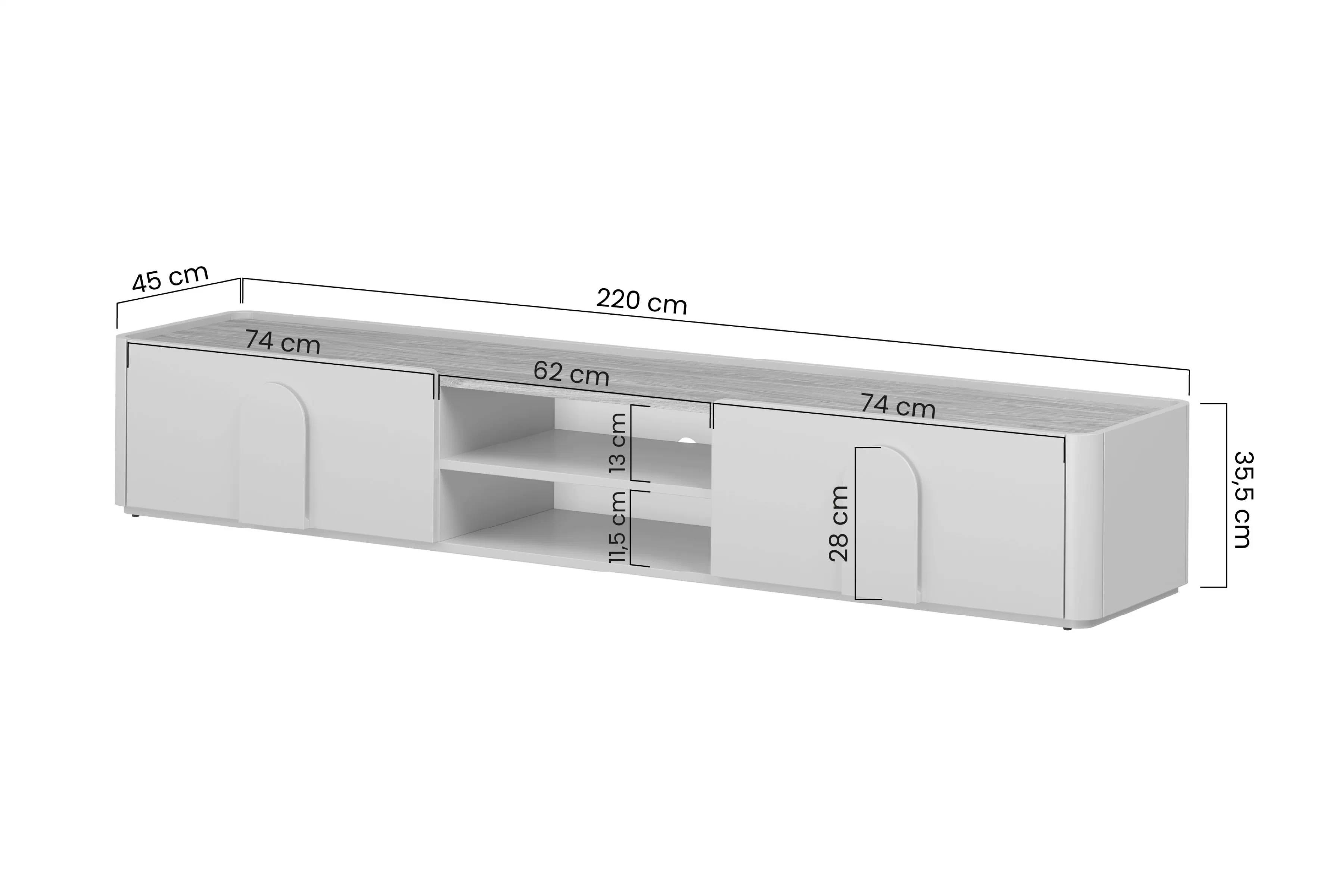 TV stolek Amilio 220 cm kasmírový s šuplíkem a dubovou deskou, styl Japandi