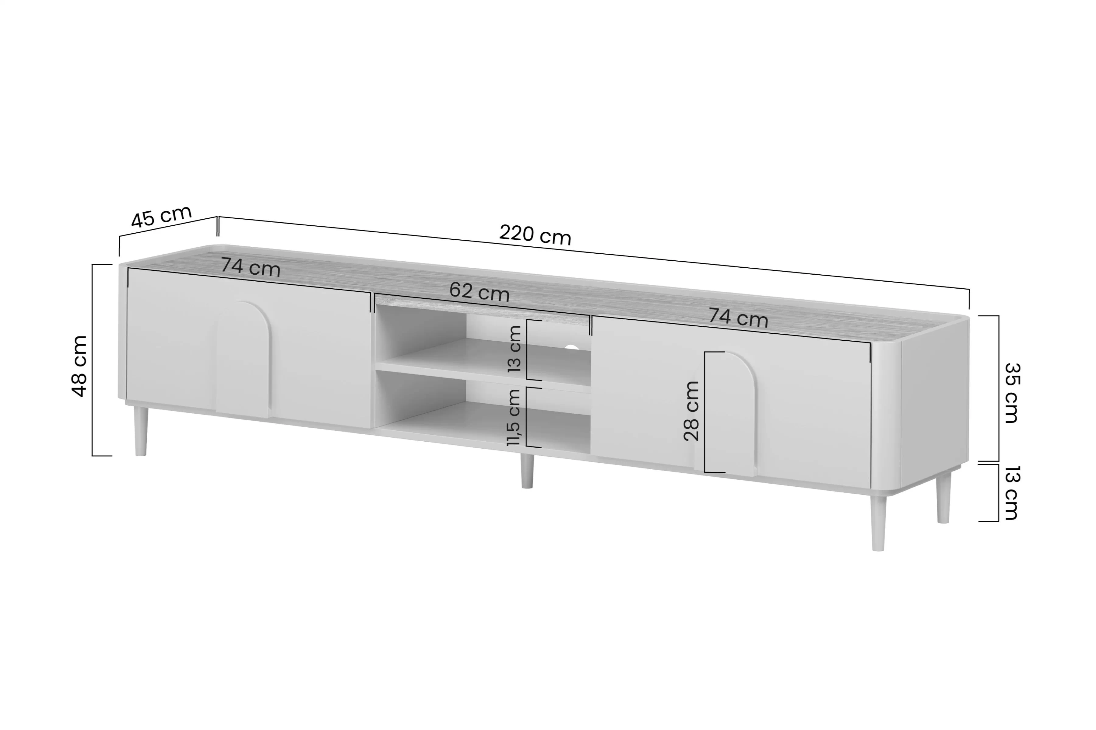 RTV skříňka Amilio 220 cm v kasmíru s dubovou deskou a světlými úchyty na nohách