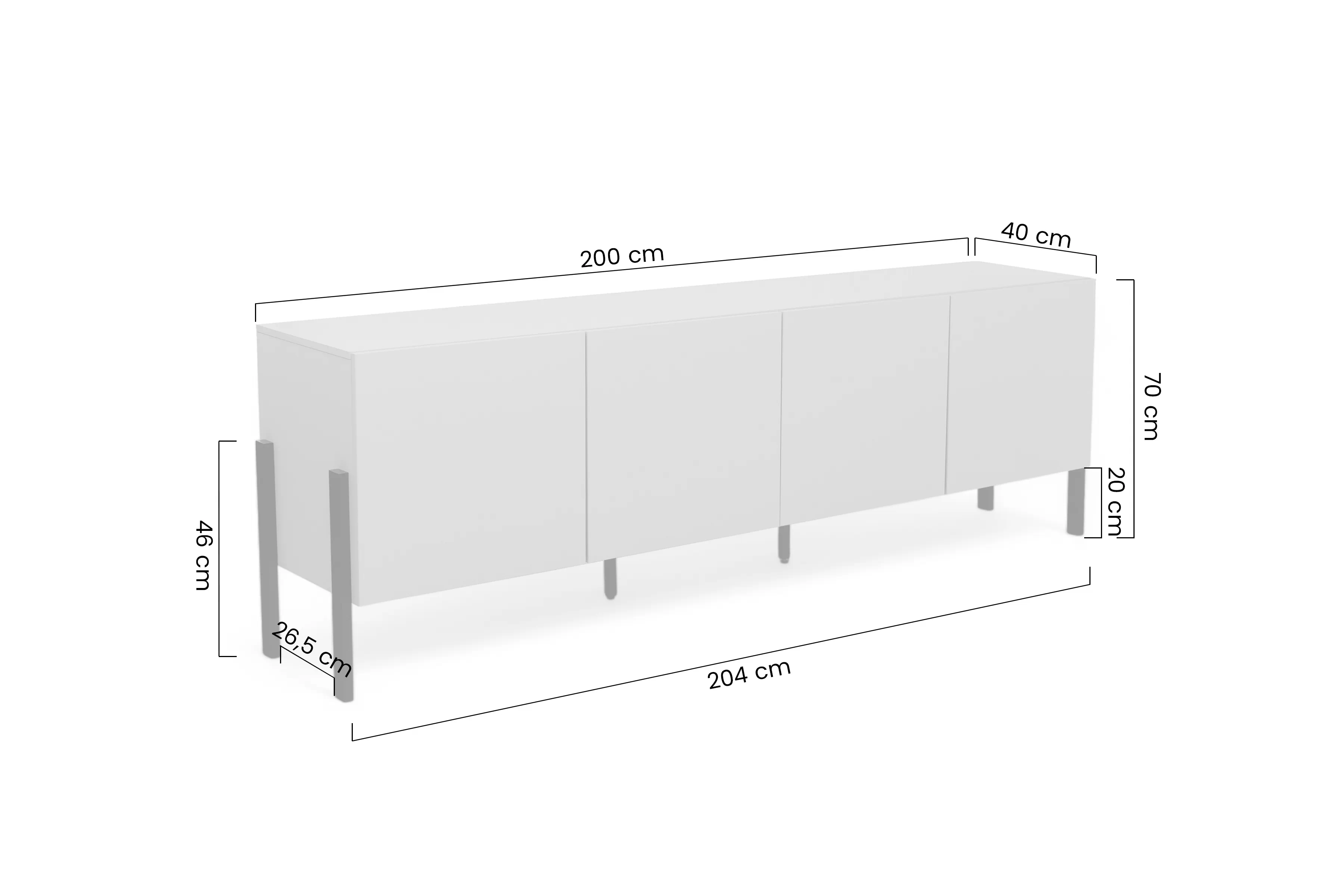 skříňka RTV Wezilo 204 cm - bílá supermat / černé nožičky