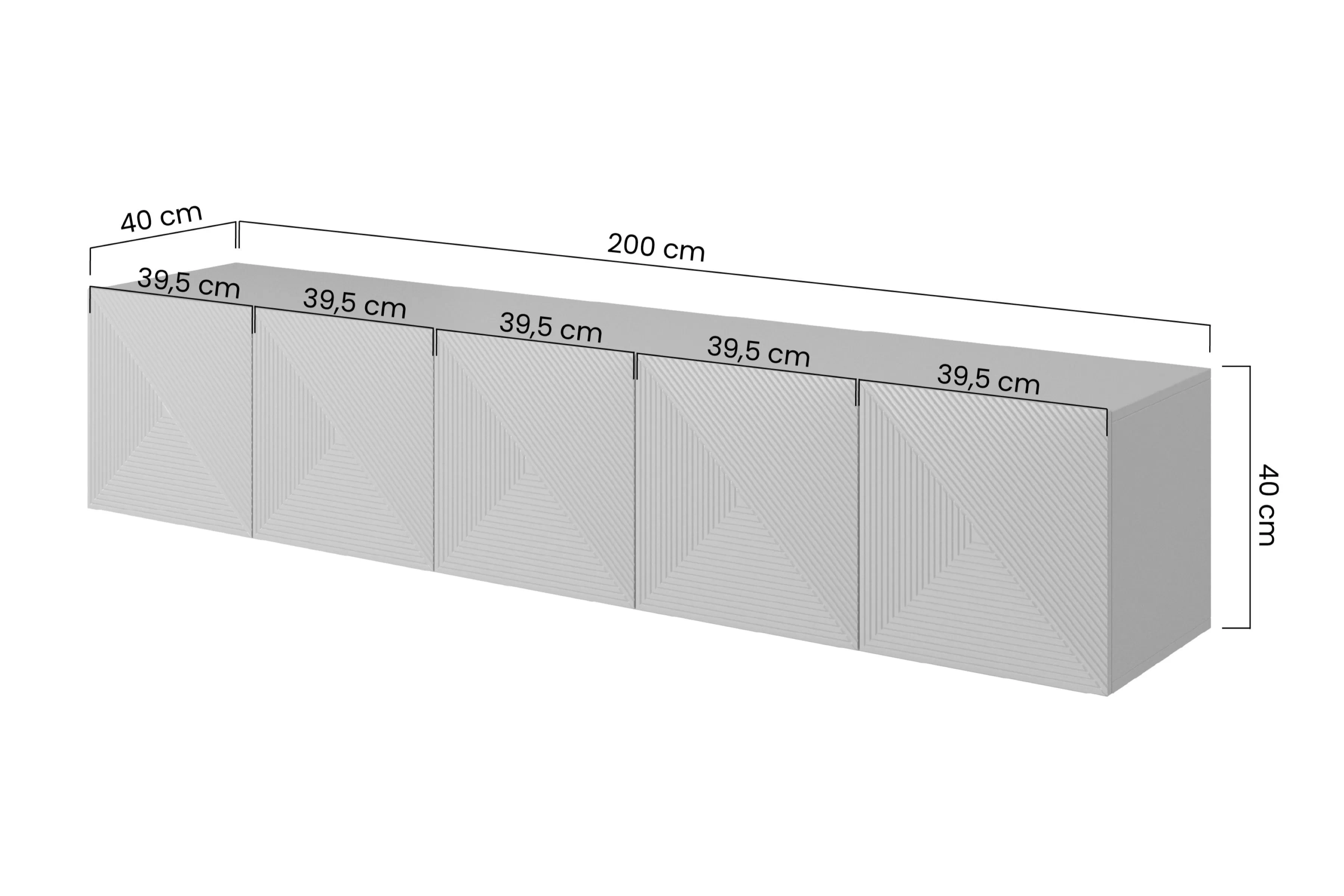 skříňka RTV závěsná Asha 200 cm s frézovanou přední částí - černá mat