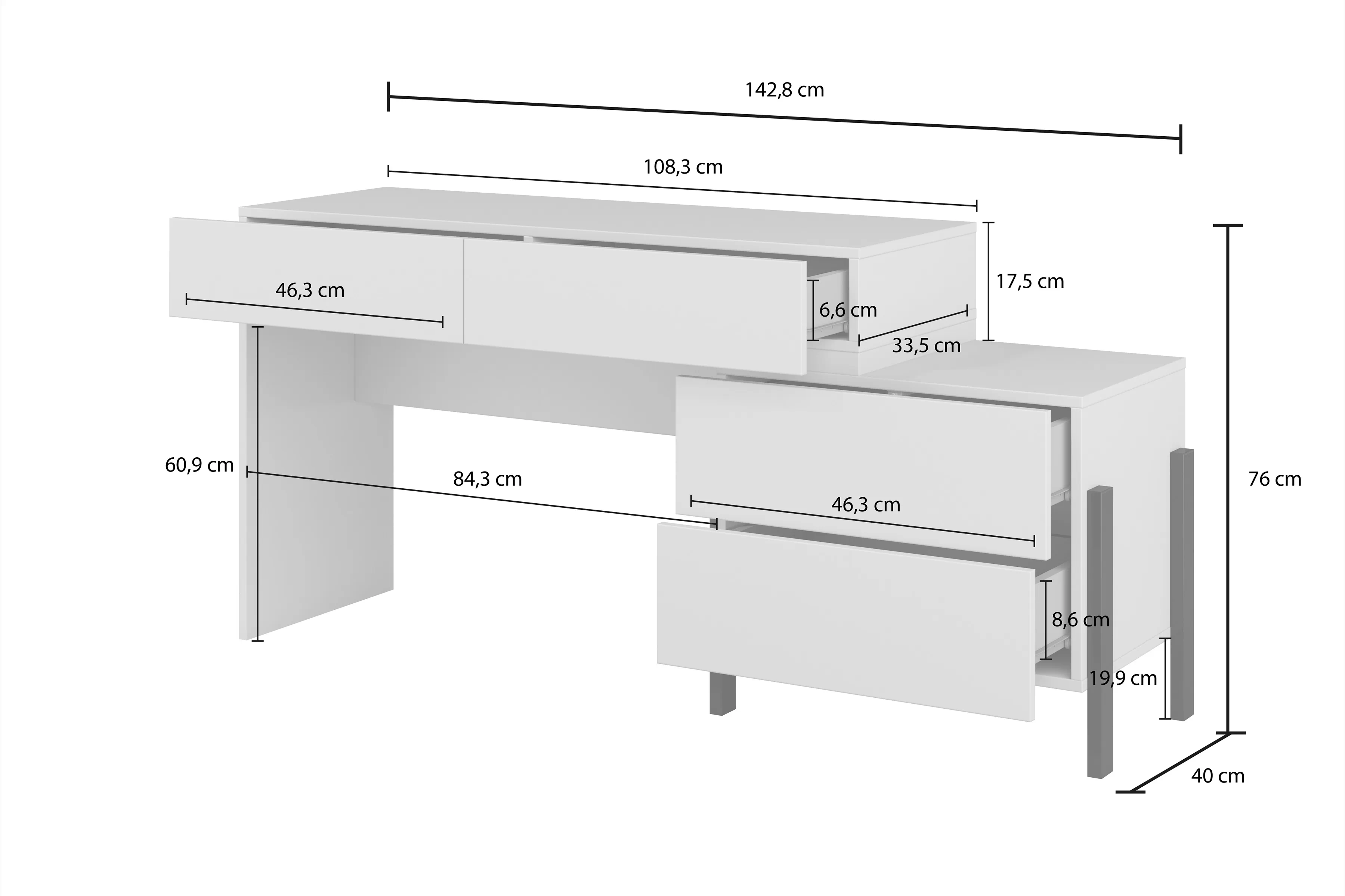 Toaletní stolek/psací stůl Jukon 143 cm se zásuvkami - kašmír / černé nožičky