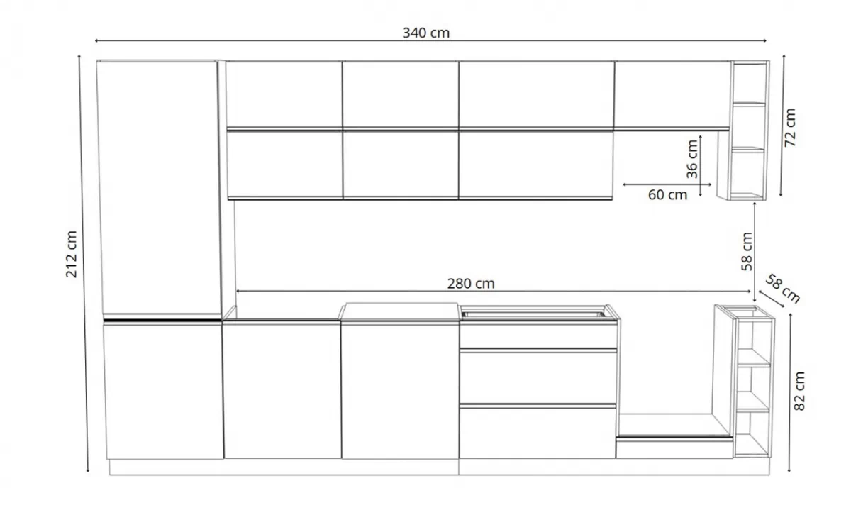 Komplet nábytku kuchennych Aspen 340cm z cokolem - bílý lesk
